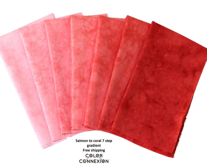 Hand Dyed Quilt Fabric Bundle, 7 Step Gradation Moves From Salmon Pink Through Coral Red
