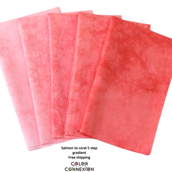 Salmon pink to coral gradient of  hand dyed  quilt cotton, 5 step bundle, available as fat quarters or half yards, light to medium values