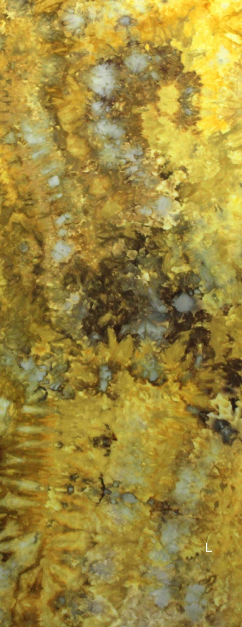 May include: A fabric featuring a tie-dye pattern in shades of mustard yellow, golden brown, and white. The design displays organic, swirling textures with concentrated areas of dark brown and lighter white highlights throughout the surface.