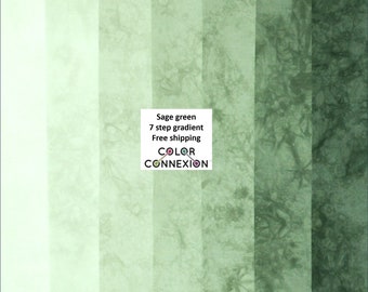 Sage green bundle of hand dyed quilting cotton, 7 step gradient, available as fat quarters, fat eighths or half yard pack