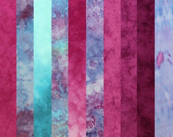 Stash builder fabric bundle of hand dyed quilt cotton, 10 fat eights 9x20 inches