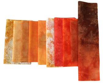 Shades of orange to brown, small scrap bundle for applique or crafting, 10 pieces of hand dyed cotton fabric