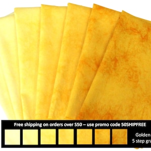 Hand dyed golden yellow quilting fabric bundle, 7 step half yard gradient