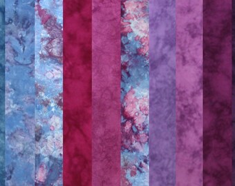 Stash builder fabric bundle of hand dyed quilt cotton, 10 fat eights in shades of blue, plum and purple 9x20 inches, ready to ship