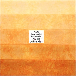 May include: A five-step gradient fabric bundle in shades of orange and yellow. The fabric is a light, airy material with a subtle marbled texture. The bundle is labeled "Purple 5 step gradient Free shipping COLOR CONNECTION".