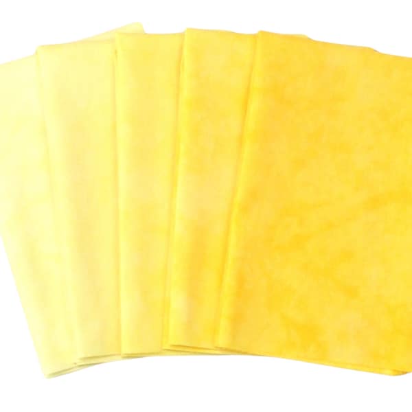 Sunny yellow quilt fabric bundle, hand dyed 5 step gradient, available as fat quarters or half yards, light to medium gradient