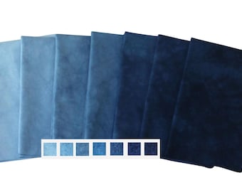Hand dyed blue cotton quilt fabric bundle, fat quarters or half yards, 7 step gradient in denim shades from chambray through dark blue