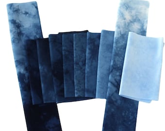 Shades of blue small scrap bundle for applique or crafting, 10 pieces of hand dyed cotton fabric, ready to ship