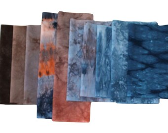 Shades of brown and blue green, small scrap bundle for applique or crafting, 10 pieces of hand dyed cotton fabric
