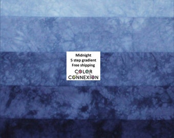 5 step hand dyed quilt cotton bundle available as fat quarters and half yards, blue leans purple, medium to dark values