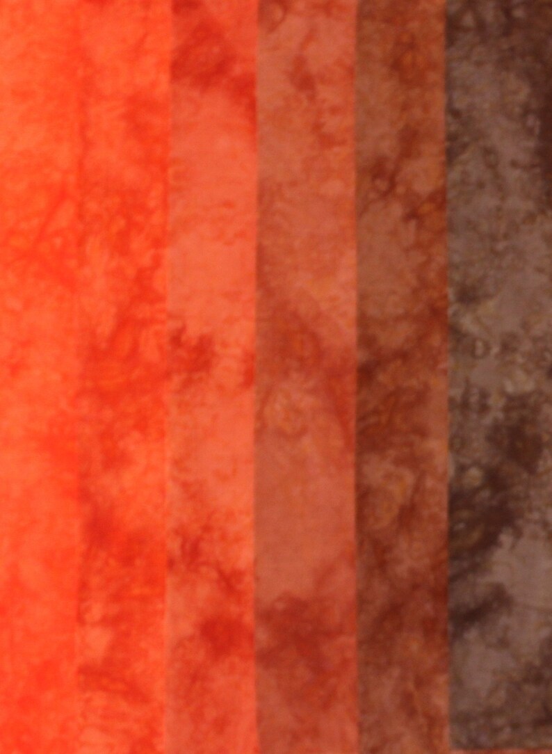 Orange to brown fat quarter bundle of hand dyed quilt cotton in a 6 step gradient