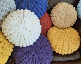 Chunky Knit Pillow Pouf | Handmade Decorative Pillow | Super Soft Throw Pillow | Round Pillow | Home Decor | Couch  Pillow | Colorful Pillow