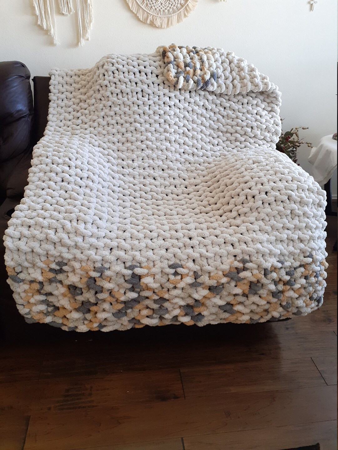 Chunky Chenille Hand Knit Super Soft Blanket | FRENCH VANILLA / TOASTED  BIRCH