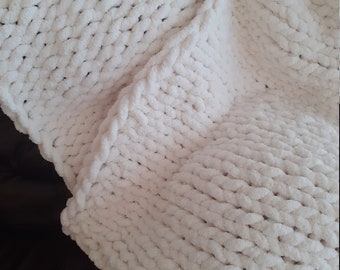 Chunky Chenille Hand Knit Super Soft Blanket | Chunky Knit Blanket | Soft Chenille Hand-Knit Blanket | Gift Idea | Giant Knit Blanket| Ivory
