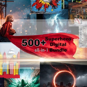 以下が含まれることがあります： スーパーヒーローをテーマにしたデジタルアート要素のコラージュ。 「POW！」のテキスト、都市景観、赤いマントを着た子供など、コミックブック風のグラフィックが含まれています。 テキスト「500+ Superhero Digital all-in-1 Bundle」も表示されています。