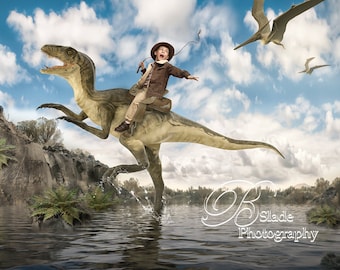 May include: A digital background featuring a boy riding a dinosaur in a lake. The dinosaur is green and brown with a long tail. The boy is wearing a brown jacket and a hat. There are two pterodactyls flying in the sky. The text "Dinosaur Digital Background Set" is at the top of the image. The text "Slade Photography" is at the bottom of the image.
