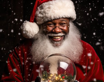 Digital Backdrop, Christmas Backgrounds, African American Santa Holding a Snow Globe Digital Backdrop, Background for Composites Snowglobe