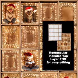 12 boîtes rectangulaires, toile de fond numérique, lumières scintillantes, modèle de fond de Noël intuitif, cartes de famille, png dans les boîtes, enfants chiens, animaux de compagnie