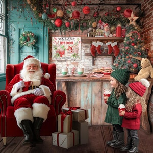 Santa's Cocoa Cafe! Sfondo digitale Sfondo intuitivo per biglietti di Natale Bonus GRATUITO Tazza di cacao Sovrapposizione PNG Foto di San Nicola Photoshop Composite