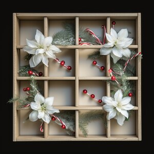 Plantilla de caja vacía con cuentas de flores, fondo de cajas de Navidad para tarjetas familiares, nietos, estudiantes, profesores, foto de superposición compuesta