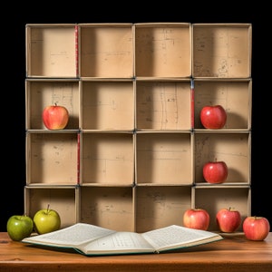 Superposición digital, plantilla de 16 cajas de cartón vacías, dentro de la caja, fondo digital temático escolar, foto de clase divertida, estudiantes y maestros