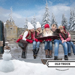 Sfondo digitale vecchio camion o sfondo natalizio SET! Ottimo per biglietti di auguri, famiglia, animali domestici, inverno, neve, alberi, Babbo Natale, Photoshop, Nord,