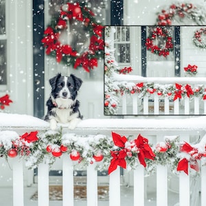 Sfondo di Natale Vacanza Portico innevato Sfondo digitale Porte Foto di famiglia Scheda Composita Photoshop Cane Download digitale Sfondo Bianco
