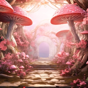 Fond numérique rose Fée Toile de fond numérique Conte de fées Photographie Toile de fond Forêt magique avec champignons Chemin étapes Robe Toile de fond