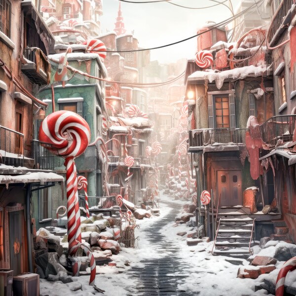 Christmas Digital Backdrop Painterly Steam Punk Candy Tenements Digital Background Artistic Santa's Village Composite Backdrop Vintage