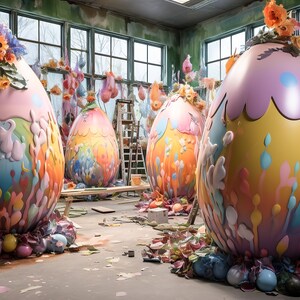 May include: Four large, colorful, Easter eggs decorated with abstract designs and flowers. The eggs are in a workshop setting with ladders and other tools.
