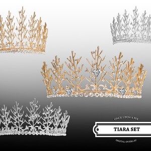 May include: A set of two gold and silver tiaras with crystal embellishments. The tiaras are in the shape of a crown with a delicate, branch-like design. The text "TIARA SET" is displayed in a black banner with white text.