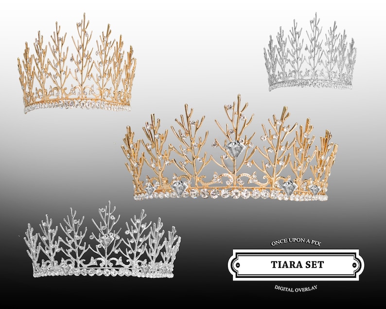 May include: A set of two gold and silver tiaras with crystal embellishments. The tiaras are in the shape of a crown with a delicate, branch-like design. The text "TIARA SET" is displayed in a black banner with white text.