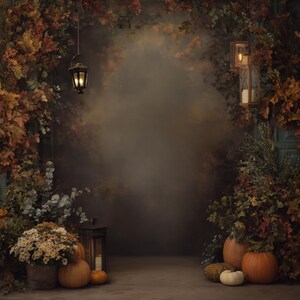 May include: A fall-themed backdrop with pumpkins, flowers, and lanterns. The scene is framed by autumn leaves in shades of orange, brown, and green. A warm, inviting atmosphere is created by the soft lighting and muted background.