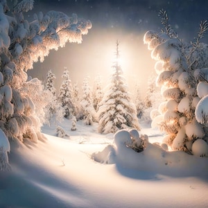Toile de fond numérique de Noël, fond numérique d'arc d'hiver pictural, fond composite de carte de vacances pour Photoshop, toile de fond d'arbres enneigés