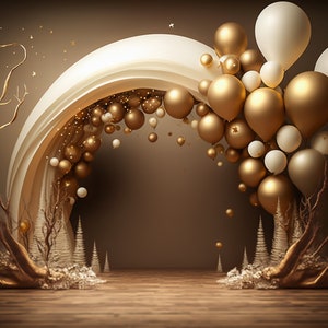Pano de fundo digital dourado de natal, balão, arco, fundo de estúdio, cartão de família, foto de maternidade, fundo de sobreposição, photoshop