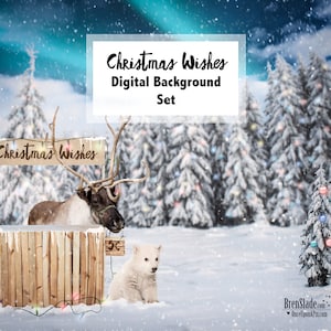 Weihnachtswünsche Digitaler Hintergrund BONUS SNOW Overlay! Inklusive einer Rentier & Eisbär Version Weihnachtskarte oder Hintergrund Kinder