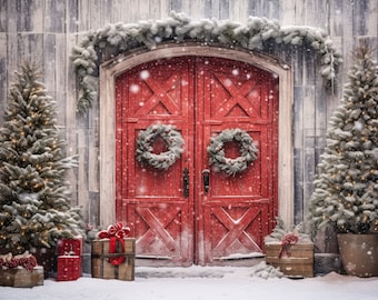 May include: A festive Christmas scene featuring a red door adorned with wreaths, flanked by snow-covered Christmas trees. Presents and decorative boxes are placed in front of the door, creating a cozy holiday atmosphere. Snow is falling.