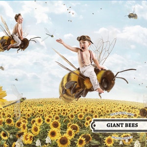 May include: Two children are riding giant bees in a field of sunflowers. The bees are yellow and black with large wings. The children are wearing casual clothing and have happy expressions. The sky is blue with white clouds. The text "Giant Bees" is visible in the image.