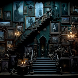 Digital Backdrop Halloween Background Digital Mansion Haunted Wall Backdrop Spooky Stairs Staircase Creepy AI Art Composite Photoshop
