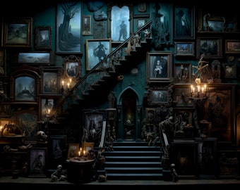 Digital Backdrop Halloween Background Digital Mansion Haunted Wall Backdrop Spooky Stairs Staircase Creepy AI Art Composite Photoshop