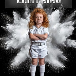 May include: A young girl with red hair wearing a white baseball uniform with black trim and a white belt. She is standing in front of a white powder explosion against a black background. The word "LIGHTNING" is written in black letters at the top of the image.