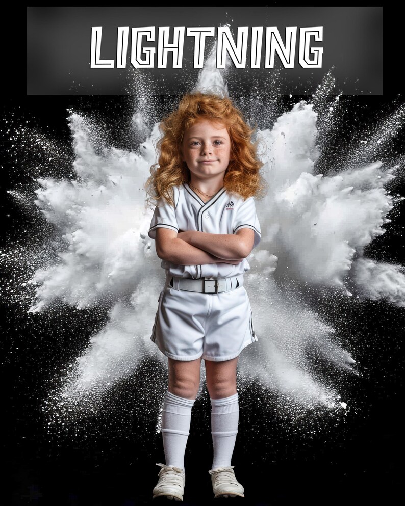 May include: A young girl with red hair wearing a white baseball uniform with black trim and a white belt. She is standing in front of a white powder explosion against a black background. The word "LIGHTNING" is written in black letters at the top of the image.