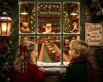 Suprise! Santa's Workshop Christmas Digital Backdrop Winter Digital Holiday Art Background Composite Santa Clause Village North Pole Lodge