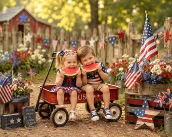 4th of July Digital Background Featuring Little Red USA Wagon, Patriotic Kids Pets Dogs Photography Backdrop (Instant Download)