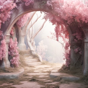 May include: A stone archway covered in pink blossoms leads to a path with steps, creating a whimsical and romantic scene.