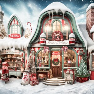 May include: A snowy, red and white striped building with a green roof and a sign that reads "Santa's Workshop". The building has a candy shop window with a sign that reads "Candy". There are Christmas trees and snow on the ground.