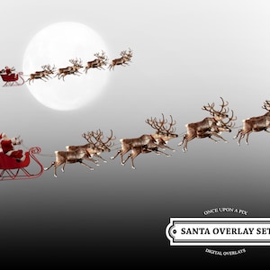 Santa Flying Reindeer Overlay 2er Pack .PNG (Ausschneiden!) Weihnachten Santa Schlitten Hirsch Mond Winterurlaub Heiligabend Schlitten Warten png vintage