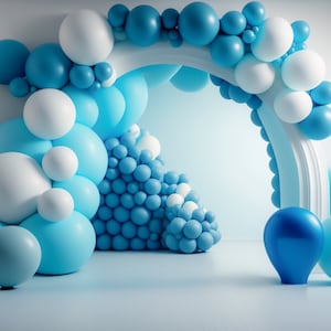 Blauwe digitale achtergrond ballon boog viering digitale achtergronden verjaardag peuter pasgeboren moederschap overlay achtergrond Photoshop downloaden