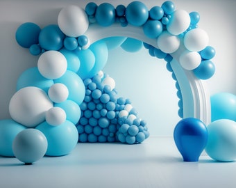 Blue Digital Backdrop Balloon Arch Celebration Digital Backdrops Birthday Toddler Newborn Maternity Overlay Background Photoshop Download