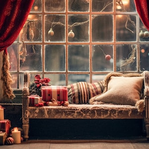 Christmas Throw Pillow Seat Digital Backdrop, Bench with Decor Digital Background, Painterly Family Photo Composite Photoshop Backdrops,